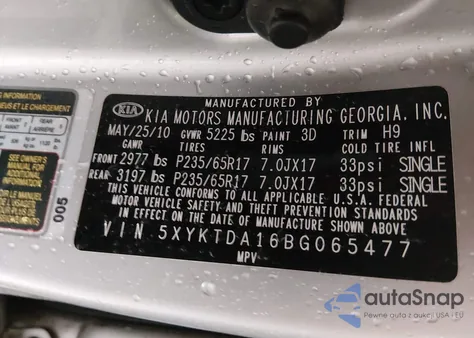 2011 Kia Sorento Lx z USA, uszkodzony, nr VIN 5XYKTDA16BG065477